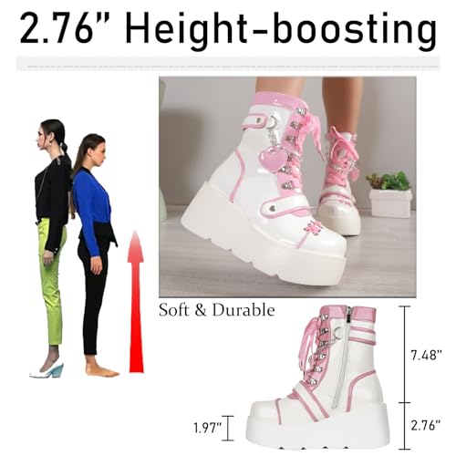 Women's Leather Platform Goth Rave Ankle Boots With Side Zipper Comfort Round Toe Lug Sole Wedge High Heel Kawaii Booties Cute Chain Lace Up Punk Y2K Combat Boots4
