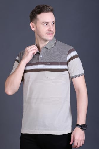 Image of GODFREY Striped Tshirt Shirts Men Cotton Polo T Shirt for Man with Pocket - Regular Fit Half Sleeve Collar T Shirts for Men