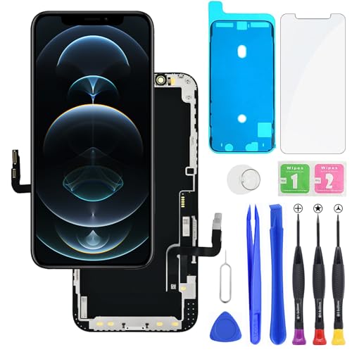 for iPhone 12/12 Pro LCD Display FHD Screen Replacement 3D Touch Digitizer Frame Full Assembly with Repair Tools Kit for 6.1 inch iPhone 12/12 Pro+Waterproof Adhesive+Screen Protector