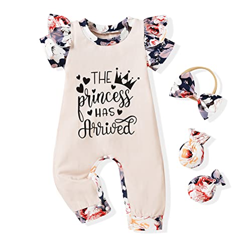 Image of HINTINA Preemie Newborn Baby Girl Letter Print Romper Jumpsuit Gloves Headband Clothes Set