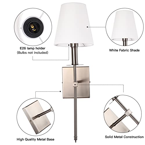Wall Sconces Set Of 2 Brushed Nickel Wall Lamps Modern Sconces Wall Lighting With White Fabric Shade Bathroom Vanity Sconces Hardwired For Bedroom Living Room Hallway Corridor #TOP6