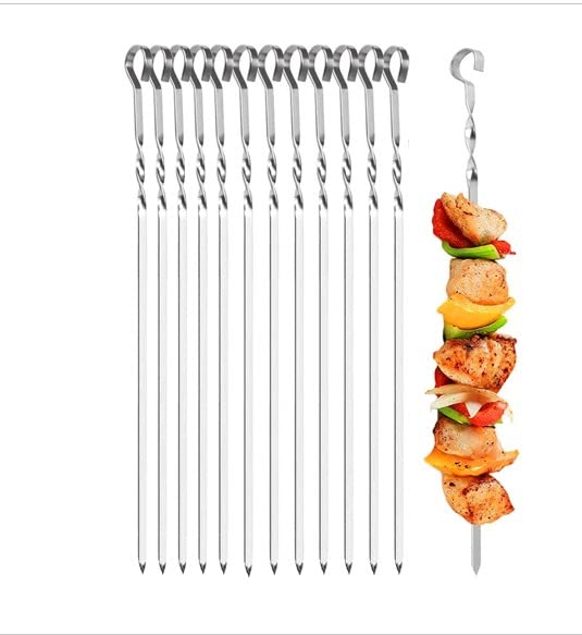 AtrauXMetal Skewers for Grilling Kabob Skewers Flat Barbecue Skewer Stainless Steel Shish Kebob Sticks Set, Reusable BBQ Sticks for Chicken Vegetables (24)