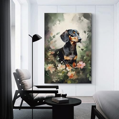 Tableau Teckel et fleurs pour decoration murale de chambre a coucher moderne