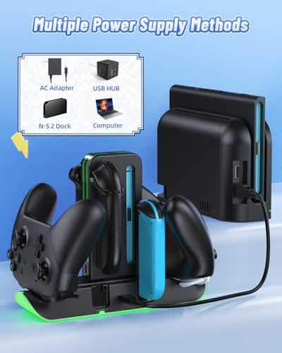 Image of FASTSNAIL Charging Dock Compatible with Switch 2 /1 for Joycon, Charging Stand for Switch 1 /2 P Controller with 9 RGB Lighting, Magnetic Charging Storage Station with Charging Indicator and USB Cable