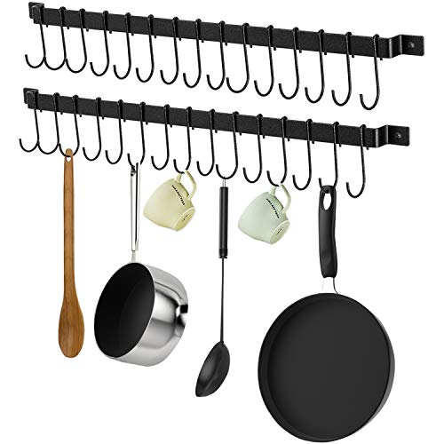 X-Chef Kitchen Rail with 15 S Hooks, 2-Pack 26inch Utensil Rack for Pot