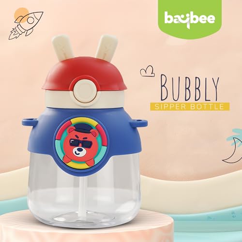 Image of BAYBEE Bubbly Kids Sipper Water Bottle 670ml | BPA Free & Leakproof Safe Sipper Bottle with Straw | Cute Rabbit Design Smooth Sipping with Handle & Neck Strap, Flip Lid for School Kids & Babys (Blue)