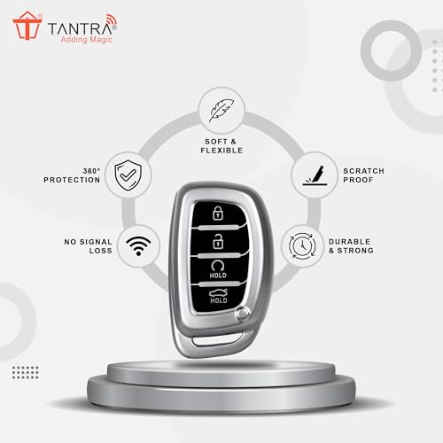 Image of SIAGO TPU Key Cover and Round Keychain Compatible for Hyundai Alcazar and Creta 2021 2022 & 2023 Car 4 Button Smart Key Grey