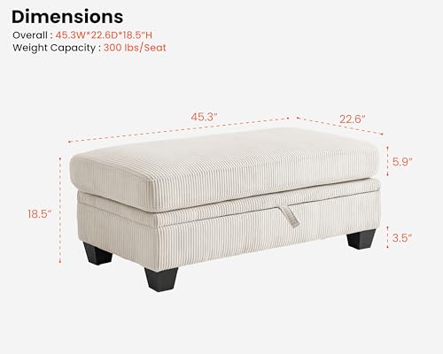 Image of CHIC HOUSE Middle Module for Modular Couch, Corduroy Customizable Chaise, Storage Ottoman for Sectional Sofa, Armrest, Single /Double Seater