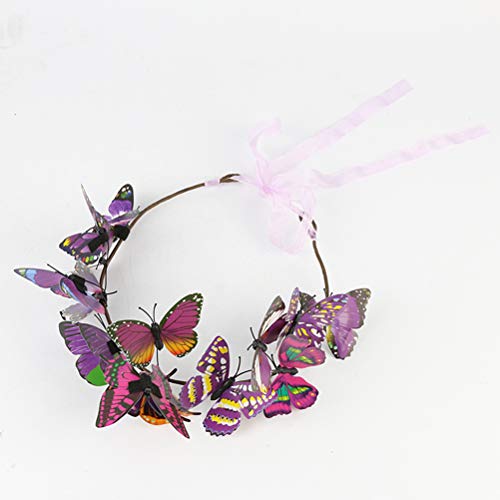 Minkissy Butterfly Headband Colorful Butterfly Decoration Adjustable Ribbon Crown Wreath for Bride Bridesmaid (Purple) - Image 3