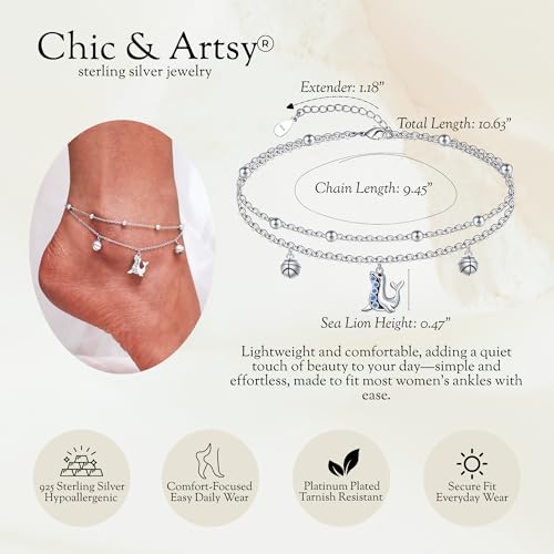 Image of CHIC & ARTSY 925 Sterling Silver Ankle Bracelets for Women, Adjustable Layered Foot Chains with Nature & Symbol Charms, Lightweight Comfort Fit Boho Beach Everyday Jewelry