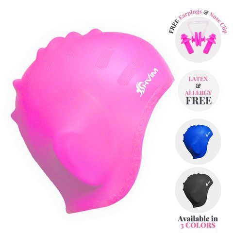 Shvim Silicone Swim Caps for Long & Short Hair with Designed Ear Protect Pouch - Allergy Free Waterproof Premium No Rip Shower Cap Hat - Bundle Combo with Nose Clip + Pair of Ear Plug (Pink)