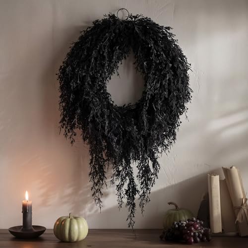 Suncalla 20 Black Halloween Artificial Wreath - Halloween Cedar Wreath Spooky Party Decorations for Front Door Indoor Outdoor Wall Window Porch