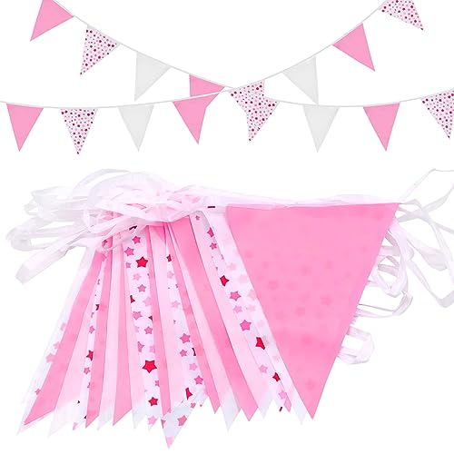 Pink White Bunting Banner With Stars, 65.6 Feet 52pcs Triangle Flags for Indoor Outdoor Birthday Wedding Engagement Pink Party Decoration for Girls
