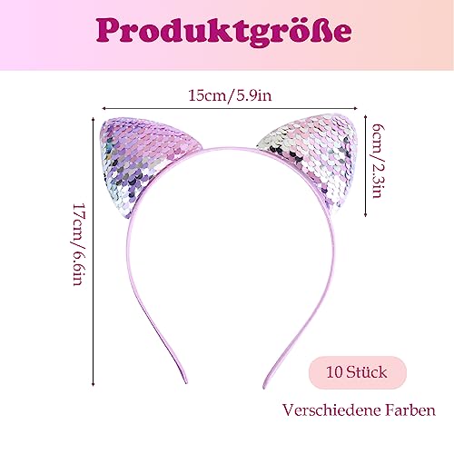EUDUQ Katzenohren Haarreif Set,10 Stück Glitzer Katze Haar Hoops Metall Katzenohren Stirnband Pailletten Cat Ears Stirnbänder Mädchen Haarschmuck Für Geburtstagsparty Cosplay