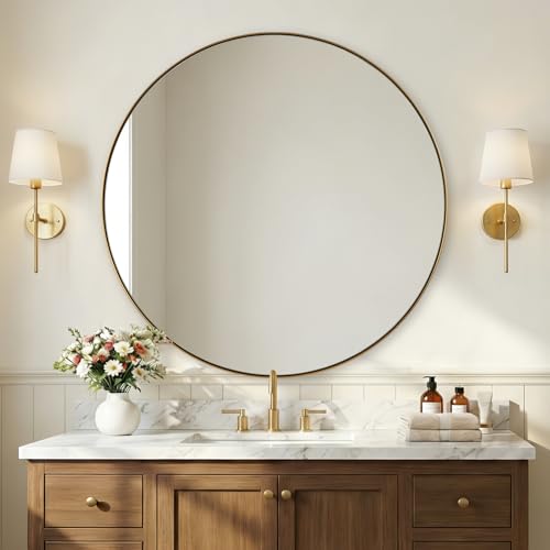 Image of ANDY STAR Champagne Bronze Mirror, Large Round Mirrors for Bathroom, 40 Inch Brushed Gold Round Mirror with Anti-Rust Metal Frame, Heavy Duty, Ideal for Home Remodel