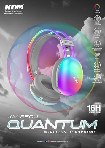 Image of Wireless Headphones, KM-850H Quantum, Bluetooth 5.4, 16 Hours Music Time, Gaming Mode with RGB Lights, Type-C Charging Grey