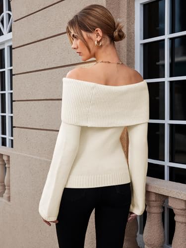 Image of GORGLITTER Women's Off The Shoulder Sweater Long Sleeve Ribbed Knit Pullover Top Trendy Fall Outfits 2025