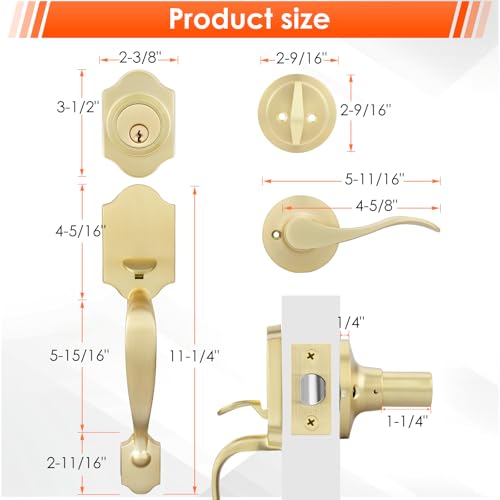 Image of Haidms Gold Front Door Lock Set - Heavy Duty Double Door Handle With Deadbolt, Handleset With Dummy, Reversible Handle Lever for Double Front Door Hardware