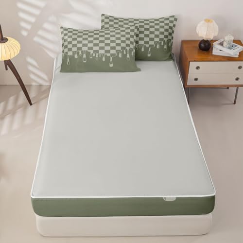 Image of Beige Sage Green Checkered Soft Zipper Bedding Set Twin,Skin-Friendly Checkerboard Drip Quilted Comforter with Fitted Sheet & Pillowcases,Grunge Aesthetic Geometric Lightweight All Season Bed in a Bag