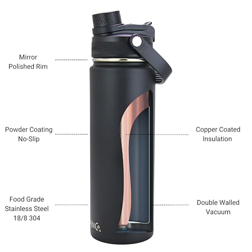 Image of Drinco Stainless Steel Water Bottle Spout Lid Vacuum Insulated Double Wall Water Bottle Wide Mouth Leak Proof Keep Cold Sport Camping Hiking (22oz Black II)