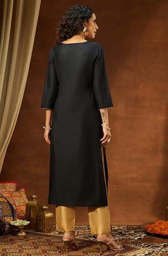 Image of Janasya Women's Black Chanderi Silk Yoke Embroidered Straight Kurta