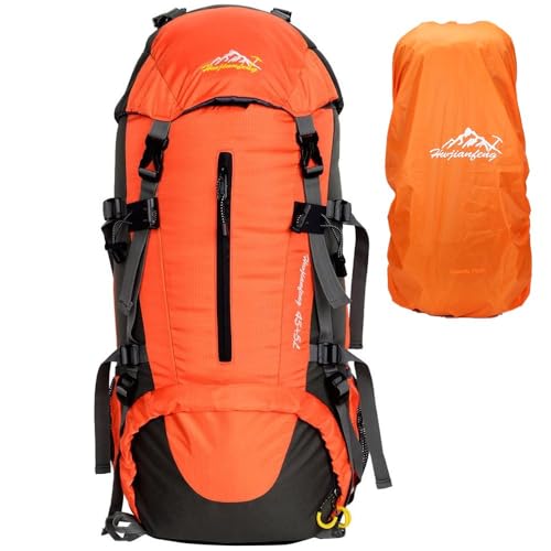 JOYFOX Mochila de Camping 65+5L Impermeável Unissex para Viagem, Trilhas e Acampamentos – Cor Laranja