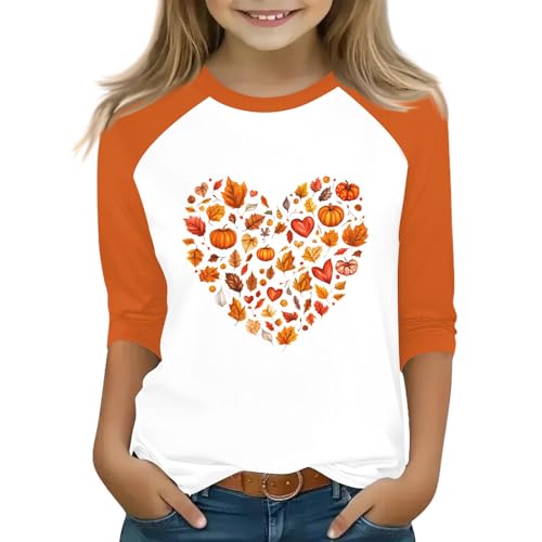 Girls Halloween Pumpkin Graphic Raglan T-Shirt 3/4 Sleeve Casual Top Comfortable Soft Tee Fall Outfit