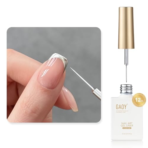 GAOY Metallic Silver Gel Nail Polish Art Liner 12ml 3D Mirror Chrome Effect Color Nail Paint Design with Thin Brush UV Light Cure for DIY Manicure at Home