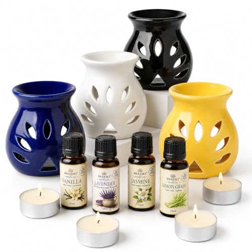 Image of BRAHMZ Ceramic Aroma Diffuser Set of 4 with 4 Tealight Candles | Essential Oil Burner for Home Fragrance | Tea Light Candle Diffuser | Aromatherapy Oil Warmer for Bedroom, Living Room, Office & Spa