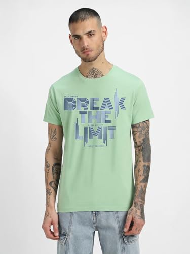 Image of Veirdo Regular Fit Half Sleeves Round Neck Arizona Typographic Printed Pure Cotton T-Shirt for Men (Colors: Green & Navy)