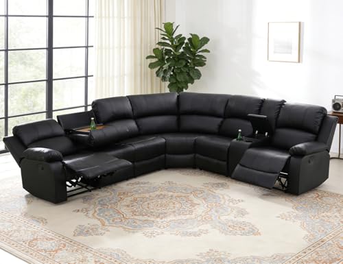 Anthato Black Leather Reclining Sectional Sofa Set, Living Room Furniture
