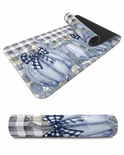 Debedcor Heat Proof Table Pads Waterproof Decorative, Purple Blue Pumpkin Non-Slip Table Countertop Protector, Fall Eucalyptus Leaves Plaid Insulation Mat for Dining Room, 48 x 12 Inches