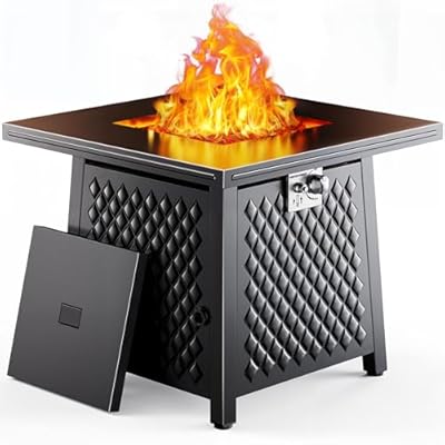 Ciays 28 Inch Propane Fire Pits,50,000 BTU Gas Fire Pit Table for Outsides with Steel Lid and Lava Rock, 2-in-1 Square Fire Table for Gatherings Parties on Patio Deck Garden Backyard, Black