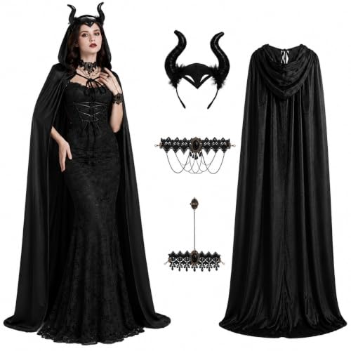 Jirmerp Devil Queen Costume Women Black Hooded Cloak Maleficent Horns Gothic Necklace Bracelet for Adults Halloween Cosplay Party