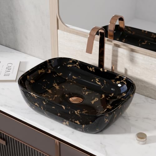 Image of Wash Basin Countertop | Tabletop Ceramic Bathroom Sink | Over Counter | Wash Basin For Bathroom (Black-Gold Matte Wash Basin,18 x 13 x 5.5 Inch)
