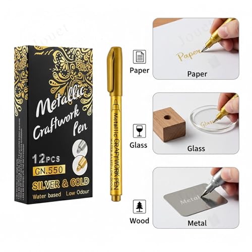 Image of JOUET Metallic Craftwork Pen Set, Gold and Silver Water Based Markers, Fine Tip, 12 Pieces, Low Odour, Waterproof, for Paper, Glass, Wood, Metal