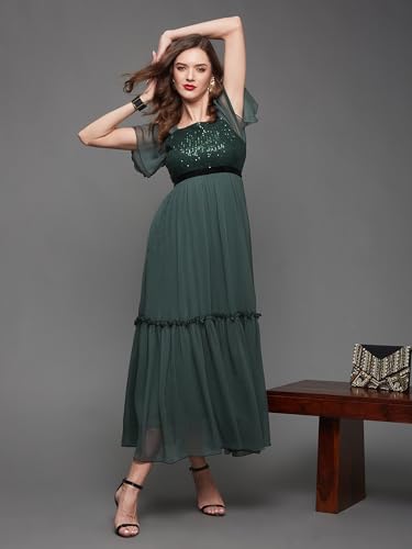 Image of Miss Chase Women's Round Neck Sleeve Embellished Fit Flare Maxi Dress
