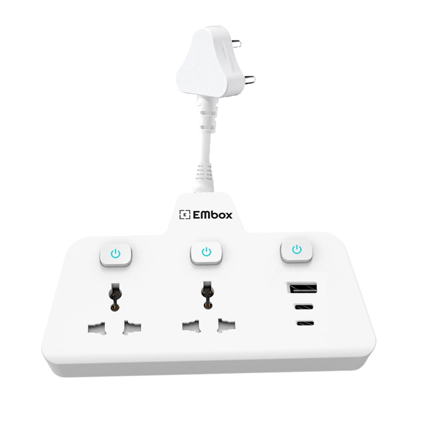 EMBOX Multi Plug Socket 2500W | Extension Board with Switches | QC 3.0 Type C USB Fast Charging | 2 Universal Socket Extension Cord, White-image-28