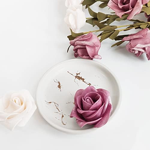 Round Ceramic Marble Soap Tray, Modern Design Soap Holder for Bathroom or Kitchen, Container for Sponges, Hand Soap Dish, Women Trinket Plate (White)