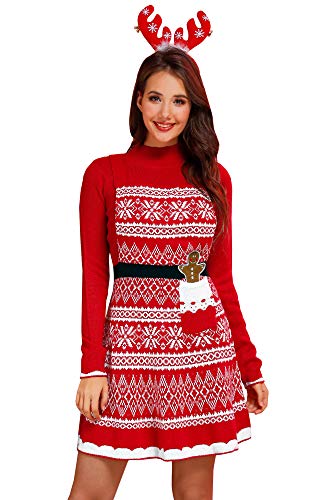Christmas Womens Knitted Ugly Sweater Dress Santa Elf Casual Holiday Long Sleeve A Line Costume Red Fair Isle M