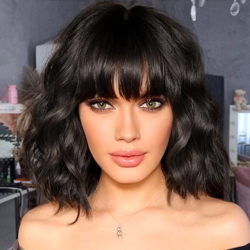 ENTRANCED STYLES Short Curly Wavy Bob Wigs for Women Black Wig with Bangs Synthetic Heat Resistant Fiber Wig