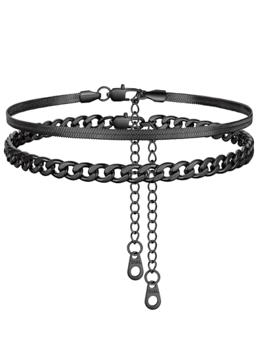 Image of FindChic Black /Silver /Gold Plated Anklets Set of 2PCS /3PCS Herringbone Chain Cuban Link Heart Charm Sparkling Tennis Ankle Bracelets, Waterproof Summer Foot Jewelry for Beach