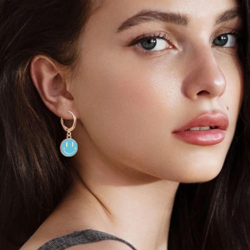 Image of Smiley Face Earrings Huggie Hoop Y2K Preppy Happy Lightning Bolt Heart Star Small Dangle Colorful Gold White Red Pink Yellow Blue Jewelry