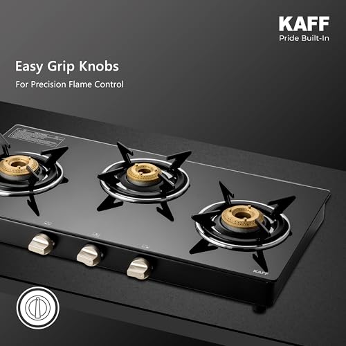 Image of KAFF CTC 77 3B Gas Stove /Cooktop 3 Burners with Manual Ignition 77 CM, High Efficiency Brass Burners, Black Tempered Glass, Enamelled Pan Support (Black)