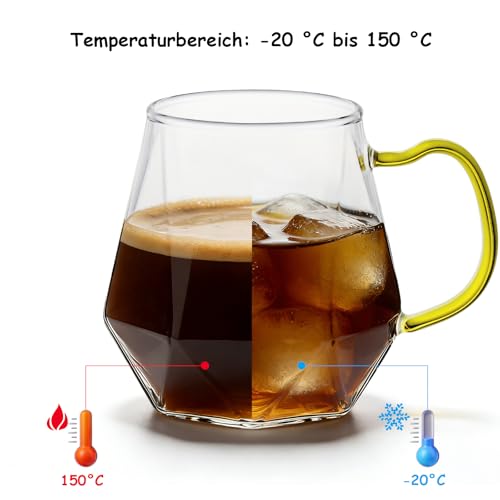 ANZHAN Kaffeegläser 300ml 2er Set aus Borosilikatglas-Hitzebeständig mit Henkel Diamant-Design, ideal für Latte Macchiato, Espresso… – Ansicht 4