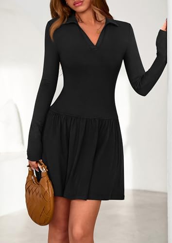 NALANISA Women's Long Sleeve Casual Dress 2025 Fall Lapel Collar V Neck Knit A Line Pleated Swing Cocktail Party Mini Dresses2