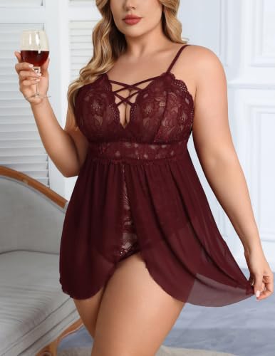 Image of Avidlove Plus Size Babydoll Womens Snap Crotch Lingerie V Neck Lace Nighty Sleepwear L-5XL
