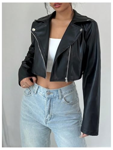 OYOANGLE Women's PU Leather Cropped Jacket Zip Up Motorcycle Jackets Coat4