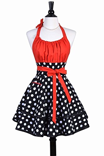 Personalized Womens Sexy Apron in Red and Black Polka Dots with Custom Monogram