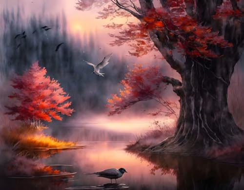 Poster mural oiseau Meechi deco sur toile moderne grand format 50x70 paysage brume et eau